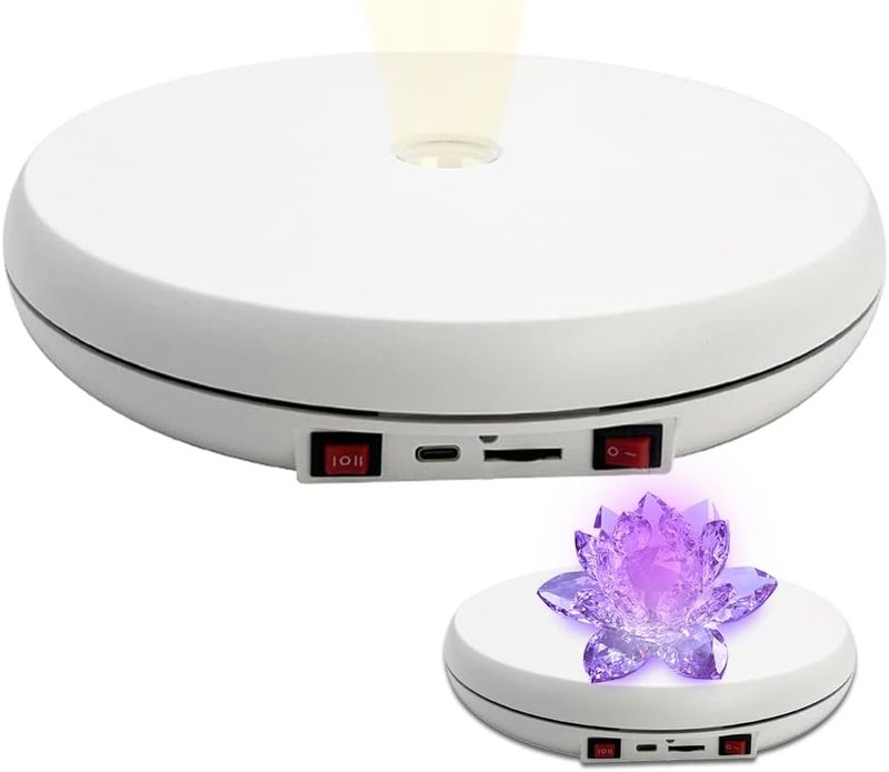 JAYEGT Motorized Rotating Display Stand with LED Light , 10 inch /55lbs Load, 360 Degree Electronic Turntable Display Stand for Photography Products Shows, Jewelry, Watch, 3D Models, Cake (White) - Image 1